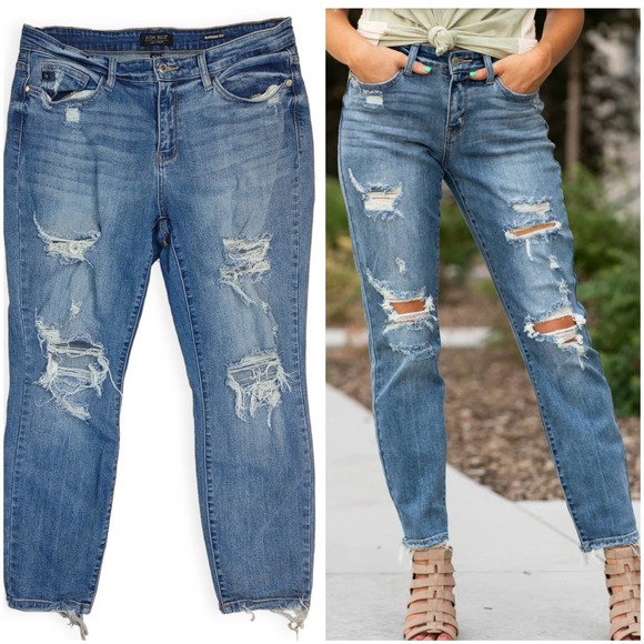 Judy Blue Denim - Judy Blue Mid Rise boyfriend fit jeans 11)30 distressed stretchy denim